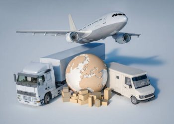 3D rendering of the Earth, a pile of boxes, a truck, a plane, and a van